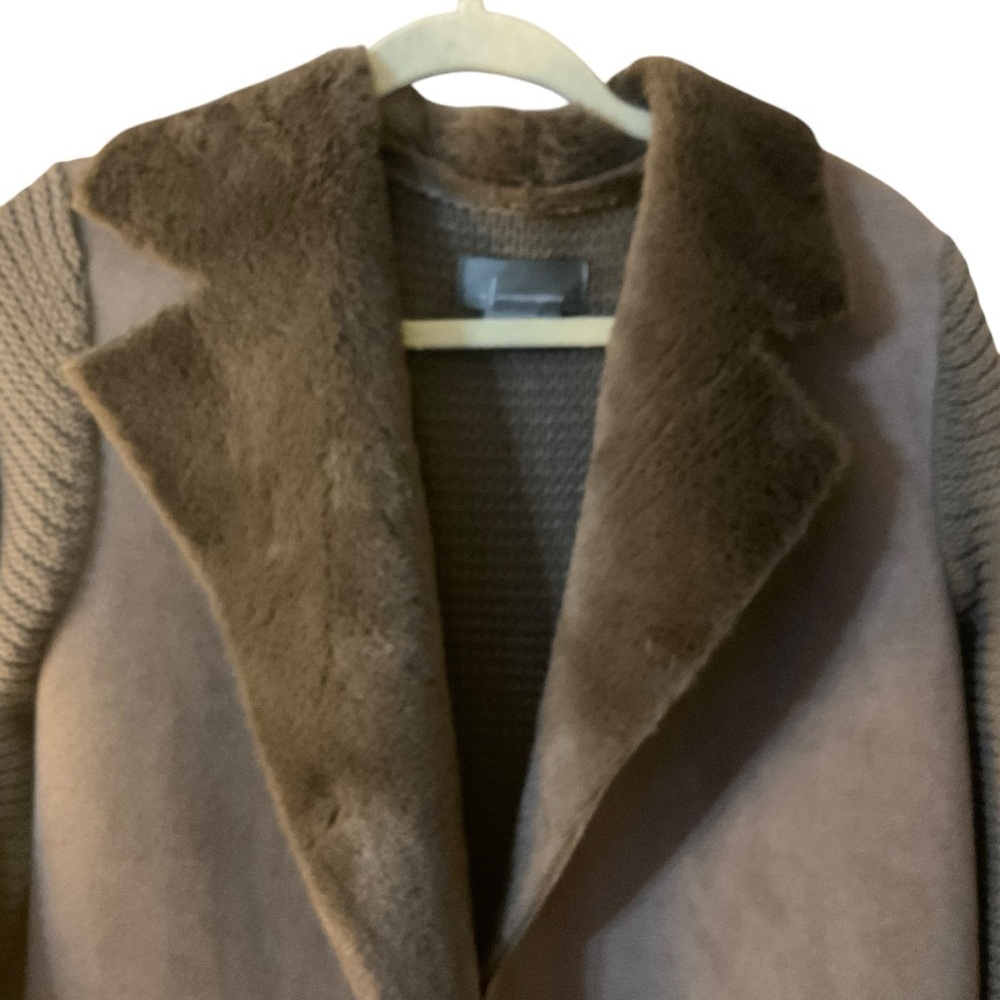 Anthropologie Taupe Knit Sleeve Faux Suede Coat with Faux Fur Collar - Size M - Picture 4 of 6